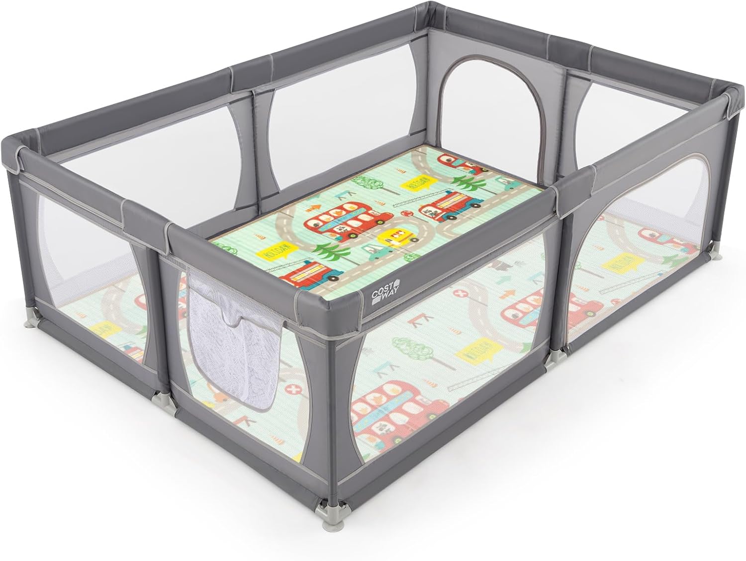 Recinto per Bambini con Materasso, Box per Bambini con Tappetino, Rete Traspirante e Apertura a Cerniera, Box Giochi con Borsa, 4 Impugnature e 50 Palline, per Bambibi 0-3 Anni (Grigio Scuro)