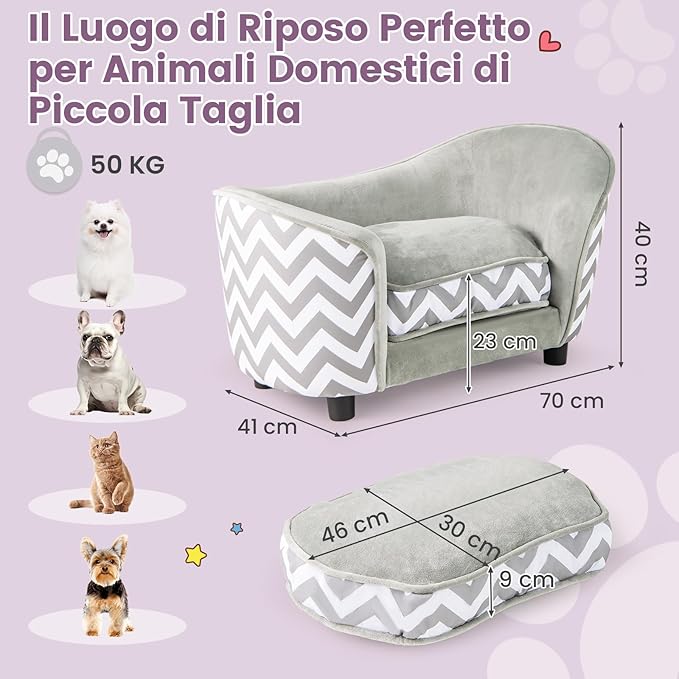 Divano per Cani 70 x 41 x 40 cm, Letto Morbido con Cuscino Imbottito, Copertura Removibile e Lavabile e Gambe, Poltrona per Cani in Velluto, capacità di Carico 50 kg