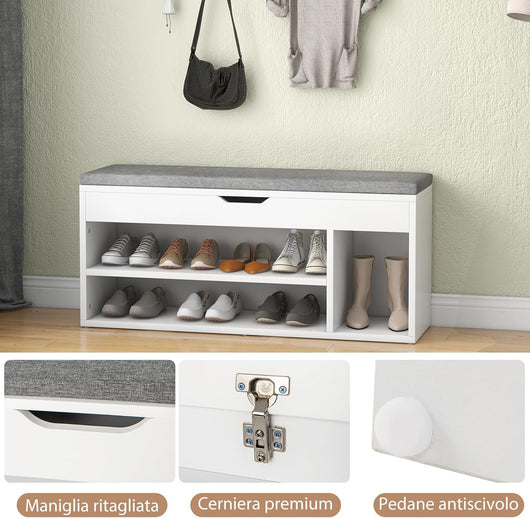Scarpiera Panca con Cuscino, Scarpiera da Ingresso Salvaspazio, Panca Contenitore per Ingresso Corridoio, 104x30x48 cm, Carico 150 kg (Grigio)