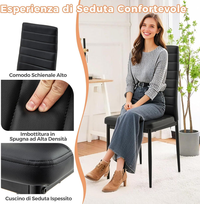 Set 4 Sedie per Sala da Pranzo, Sedie in Finta Pelle con Schienale Imbottiti e Gambe in Metallo, Sedia Moderna per Ufficio, Soggiorno e Studio