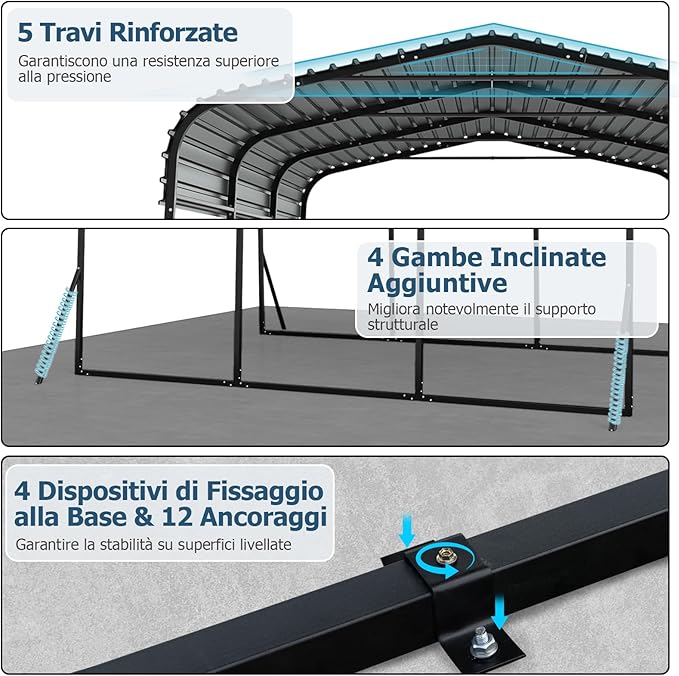 Tenda da Garage 440 x 300 cm, Tettoia per Auto in Metallo con Base Rinforzata e 4 Gambe Inclinate Aiiunte, Gazebo da Esterno per SUV, Feste e Barbecue
