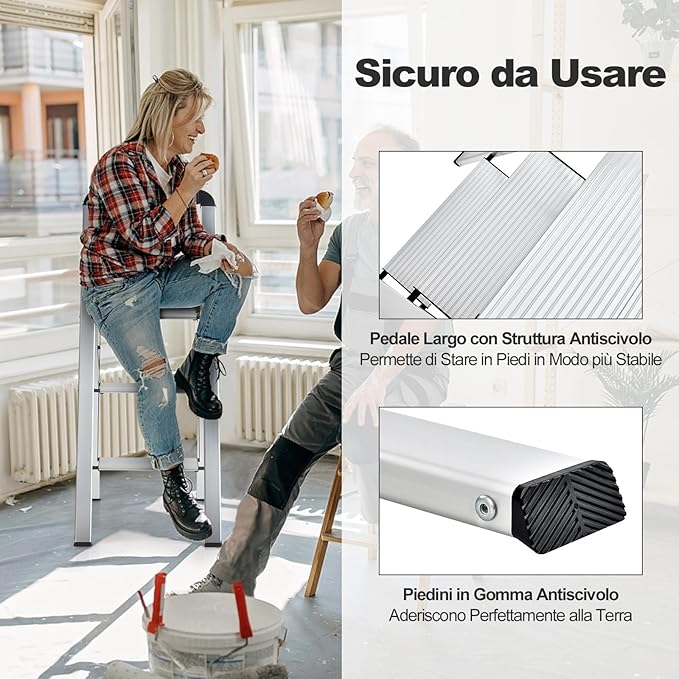 Scala Pieghevole in Alluminio a 3 Gradini, Scaletta Salvaspazio con Corrimano, Ampi Pedali e Piedini Antiscivolo, Telaio in Alluminio Robusto e Leggero, Portata 150kg