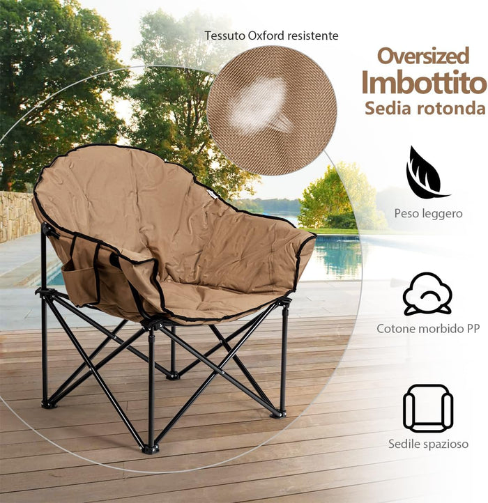 Sedia da Campeggio Pieghevole, Sedia Imbottita con Porta Bicchiere, per Campeggio Pesca Giardino Cortile Spiaggia, Struttura in Ferro (Marrone)