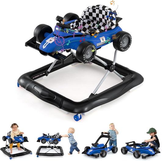 4 in 1 Girello per Bambini, Altezza Regolabile a 3 Livelli, Passeggino per Bambini, con Volante Imbottito e Scatola Musicale, Portata 12 kg, per Bambini 6-18 Mesi (Blu)