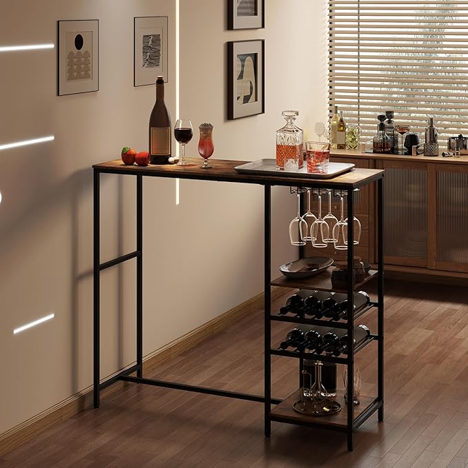 Tavolo da Bar 121 x 41 x 105,5 cm, Angolo Bar per Casa con Scaffali di Stoccaggio, Portabottiglie e Portacalici, Tavolo Alto per Cucina, Soggiorno, Ristorante e Bistrò