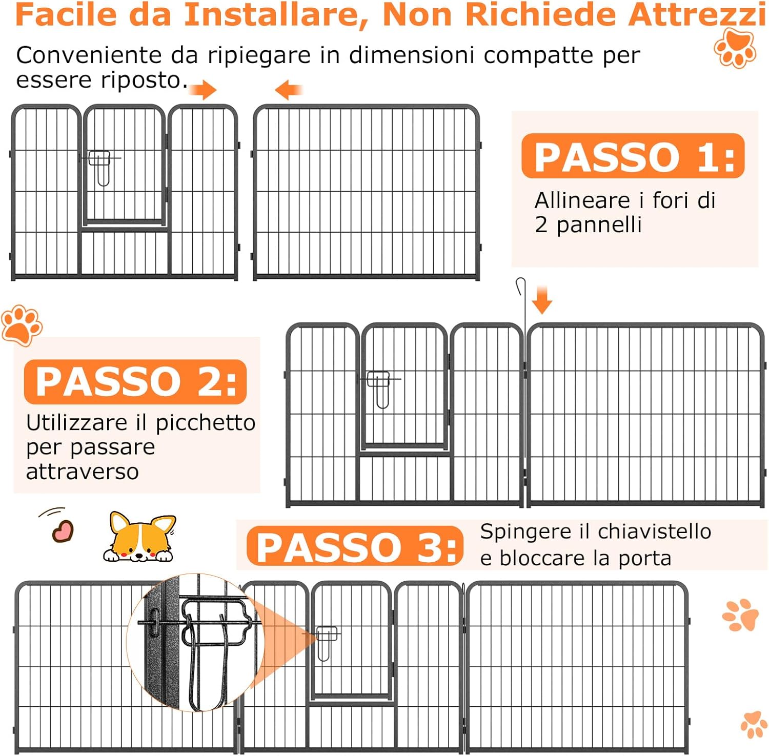 Recinto per Cani Interno ed Esterno, 8 Pannelli Altezza 60/80 CM Recinzione per Piccoli/Medi Animali/Coniglio/Gatto, Cancelletto Portatile Pieghevole con Porta (190 x 60 cm)