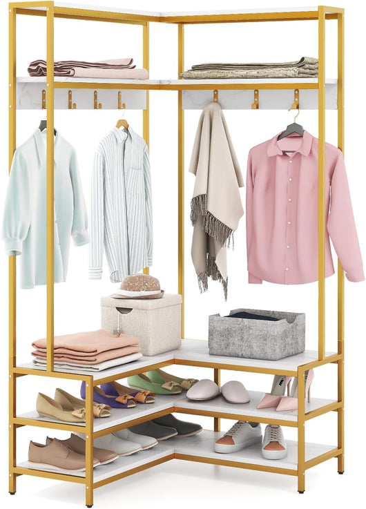 Stand Appendiabiti Angolare, Appendiabiti a Forma L con Ripiani Aperti 7 Ganci e Panca per Scarpe, Struttura in Metallo e Piedini Regolabili, 90x90x178 cm (Bianco)