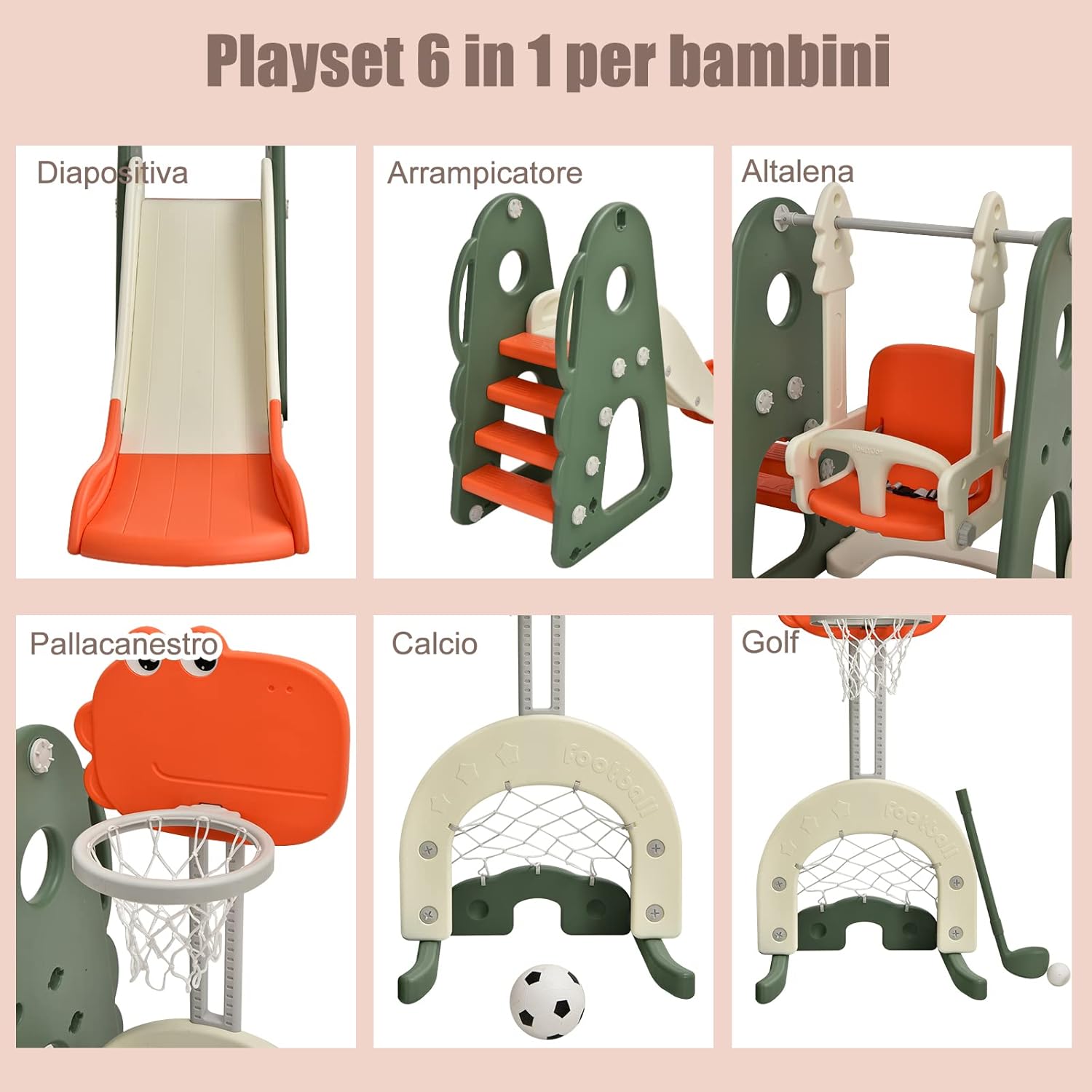 6 in 1 Parco Giochi per Bambini, con Altalena Scivolo Canestro da Basket Golf, Parco Giochi per Bambini da Esterno ed Interno, 172x182x108-120cm, 18 Mesi+ (Arancione)