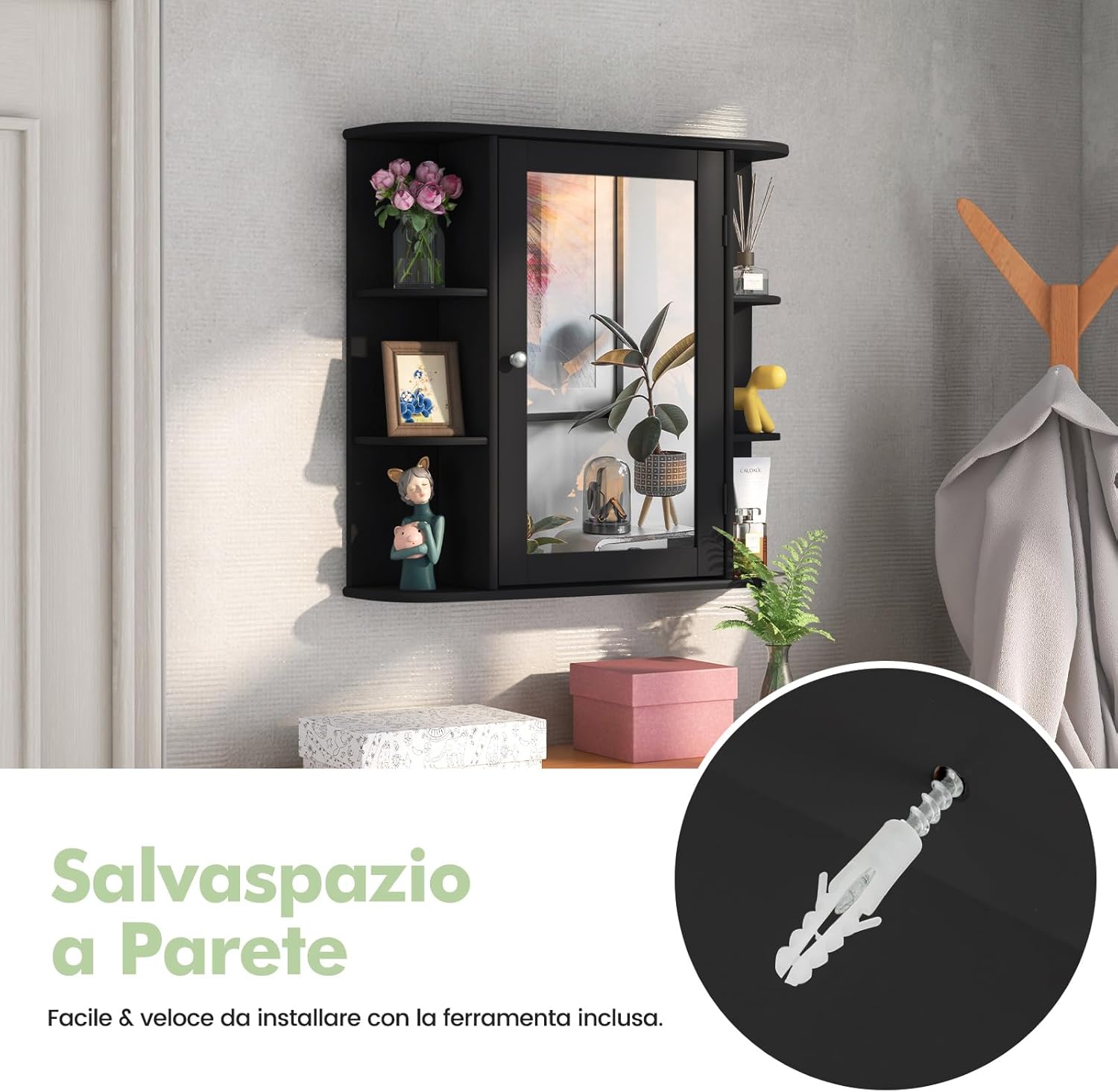 Mobile da Bagno con Specchio 66 x 17 x 63cm, Mobiletto in Legno Appeso con Mensole Regolabili, Armadietto dei Medicinali Multiuso per Bagno Salone Cucina (Nero)