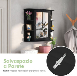 Mobile da Bagno con Specchio 66 x 17 x 63cm, Mobiletto in Legno Appeso con Mensole Regolabili, Armadietto dei Medicinali Multiuso per Bagno Salone Cucina (Nero)
