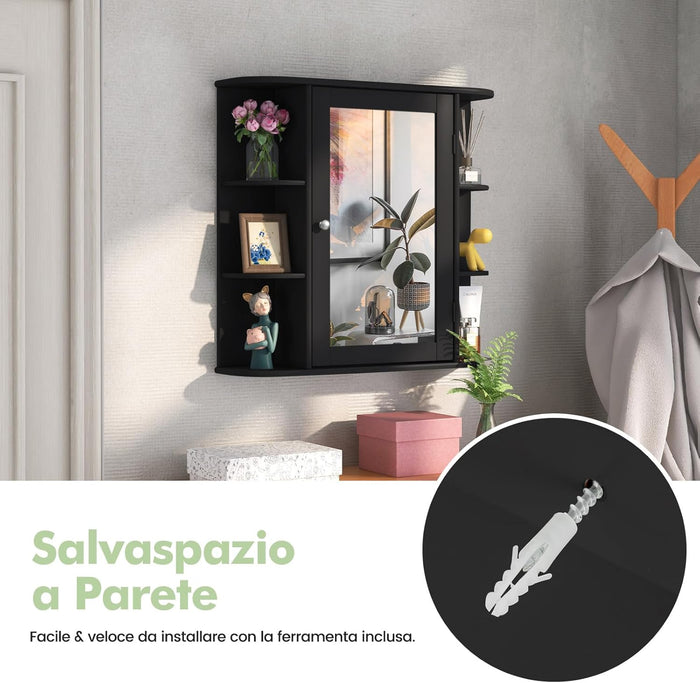 Mobile da Bagno con Specchio 66 x 17 x 63cm, Mobiletto in Legno Appeso con Mensole Regolabili, Armadietto dei Medicinali Multiuso per Bagno Salone Cucina (Nero)