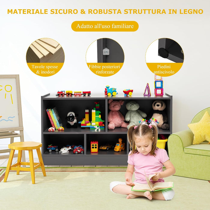 Libreria per Bambini e Organizer Giocattoli, Scaffale di Legno Con 5 Scompartimenti, Per Stanza dei Giochi Camera Dei Bambini Angolo di Lettura Classe Scuola Materna (Grigio)