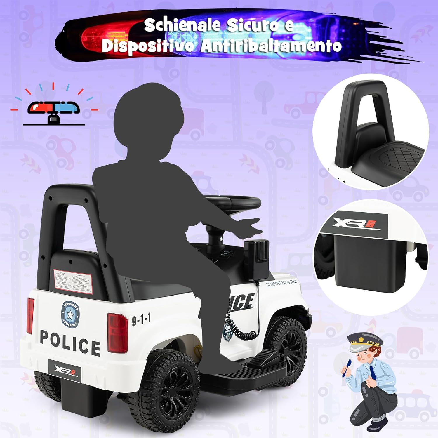 Auto Elettrica per Bambini, Auto della Polizia Giocattolo con Clacson Luce di Avvertimento e Suono della Sirena, Velocità 3 km/h, per Bambini 18-60 Mesi (Bianco)