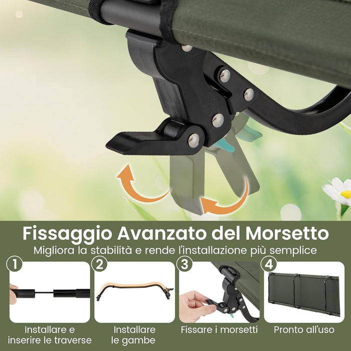 Brandina da Campeggio, Letto Pieghevole e Portatile con Tasca Laterale e Borsa da Trasporto, Lettino con Struttura in Metallo per Viaggio e Spiaggia, Portata 150 kg