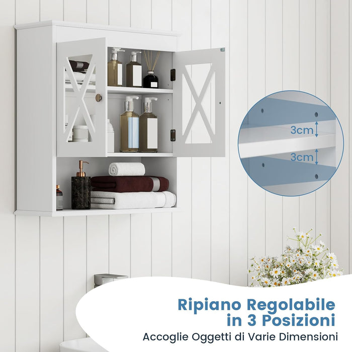 Mobile Bagno Sospeso 54 x 20 x 60 cm, Armadietto da Parete con 2 Ante in Acrilico, Ripiano Regolabile e Scomparto Aperto, Mobiletto da Muro per Lavanderia e Cucina