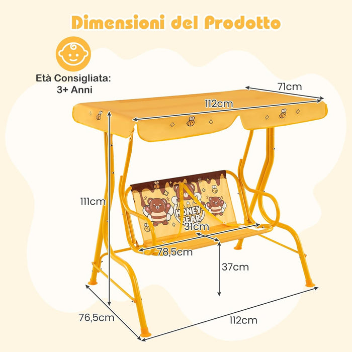 Altalena da Esterno per Bambini, Panchina a Dondolo a 2 Posti con Struttura in Metallo, Tetto Regolabile e Cinture di Sicurezza, per Bambini 3+Anni, Portata 80 kg (Giallo)