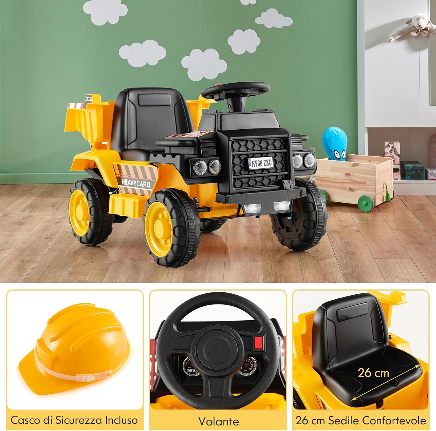 6V Veicolo da Costruzione Cavalcabile per Bambini, con Ruote Resistenti all'Usura Casco di Sicurezza, Escavatore Giocattolo, 44x65,5x40 cm