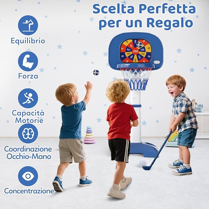 4 in 1 Pallacanestro per Bambini, Canestro da Basket Regolabile con Gioco dell'Anello, Palla Appiccicosa e Set da Golf, 53x51x100-140 cm