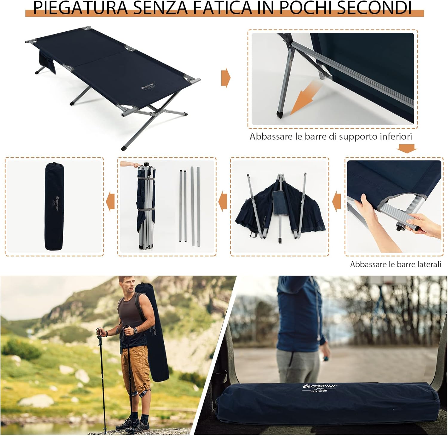 Letto Brandina Pieghevole con Borsa da Trasporto, con Struttura Metallica Resistente, Letto Portatile per Casa, Ufficio, Campeggio, Carico Fino a 150 kg