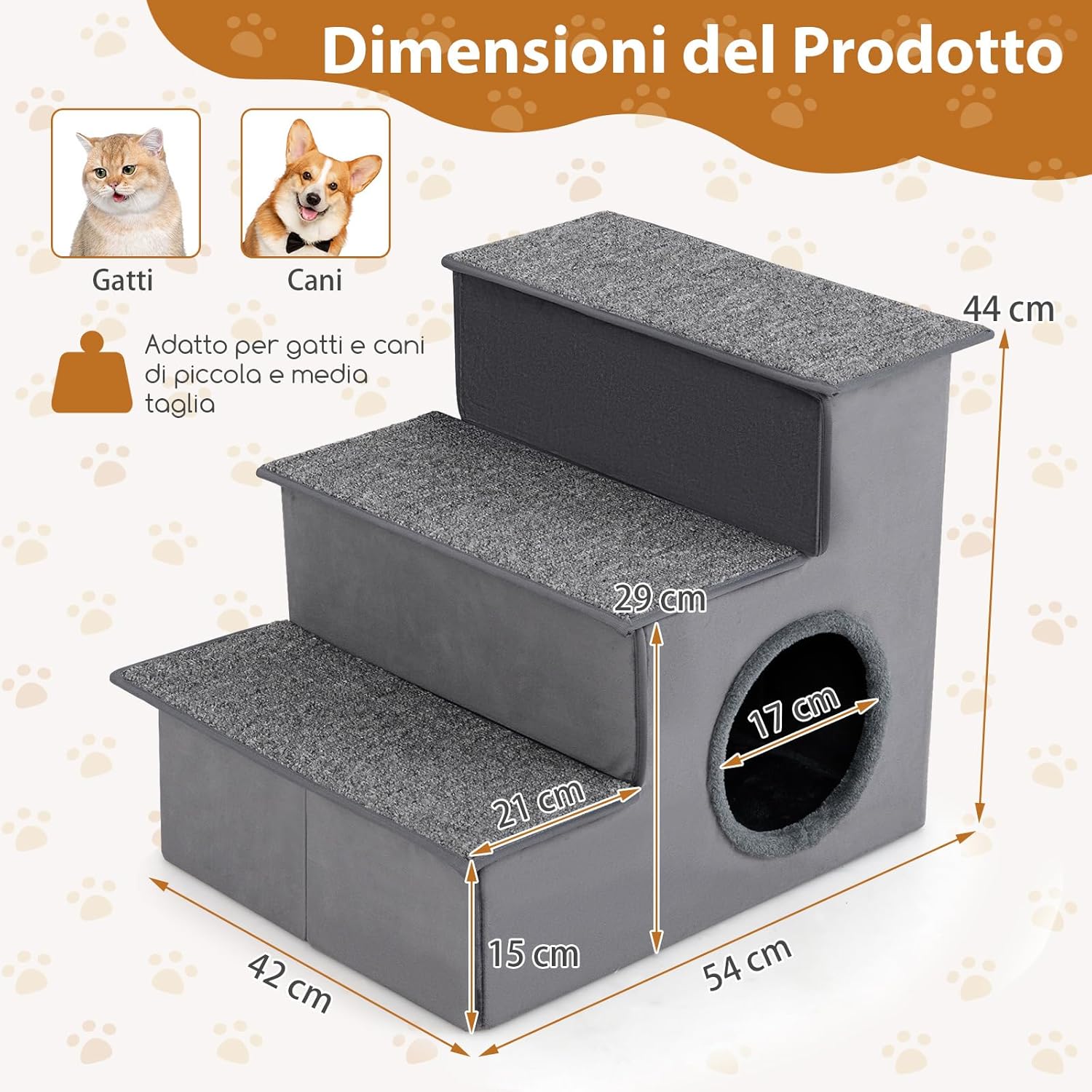 Scala per Cani con Cuccia, Rampe Pieghevole a 3 Gradini con Fondo Antiscivolo per Letti e Divani, Casa per Animali Domestici, Grigio, 42 x 21 x 44 cm