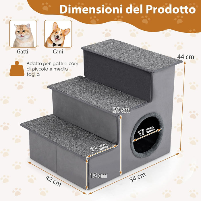 Scala per Cani con Cuccia, Rampe Pieghevole a 3 Gradini con Fondo Antiscivolo per Letti e Divani, Casa per Animali Domestici, Grigio, 42 x 21 x 44 cm
