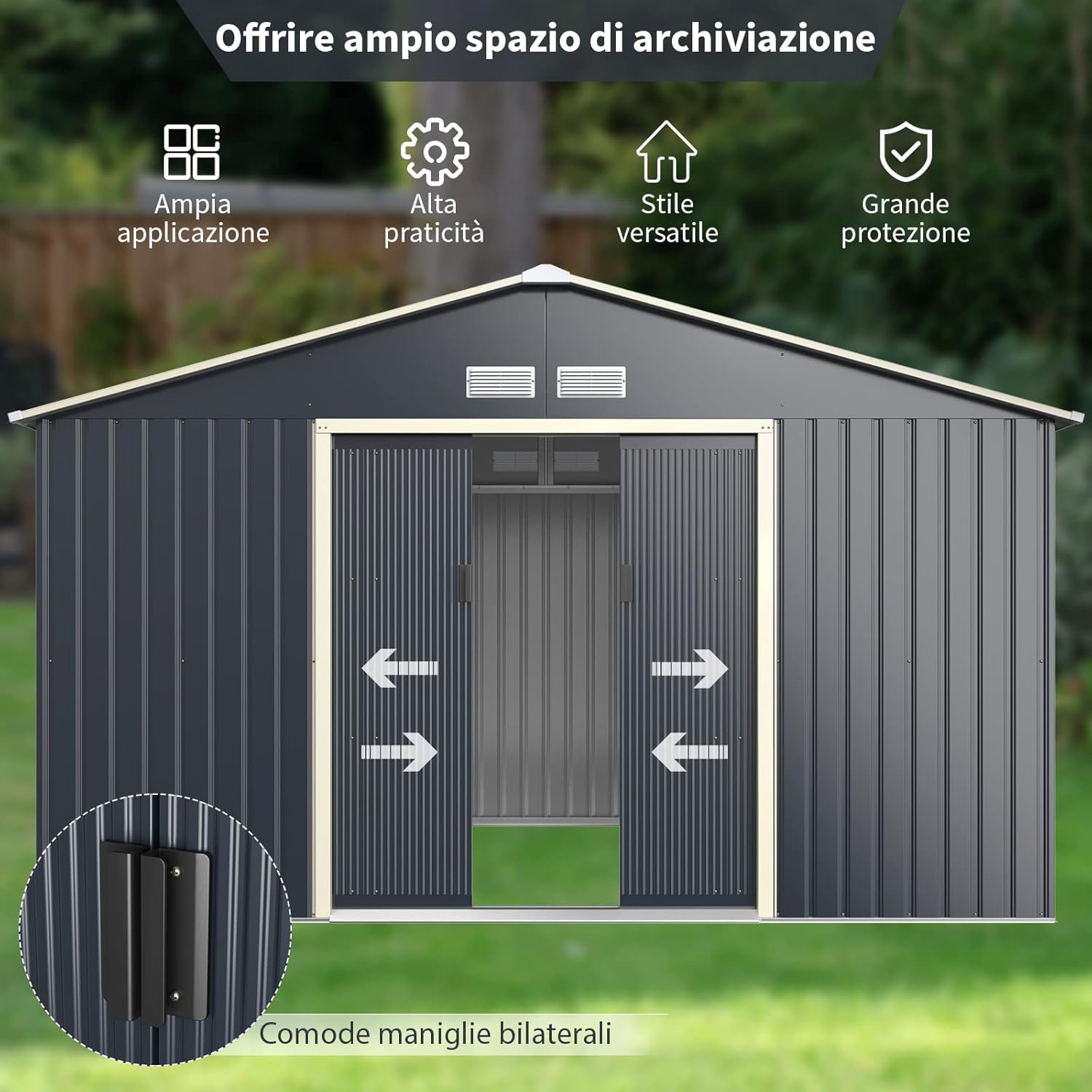 Casetta da Giardino Porta Attrezzi in Lamiera Acciaio Zincato, Capanno da Esterno con Tettoia, Sfilati e Ante Scorrevoli, Ideale per Cortile, Giardino e Fattoria (330 x 245 x 210 cm)