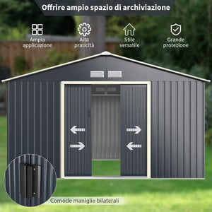 Casetta da Giardino Porta Attrezzi in Lamiera Acciaio Zincato, Capanno da Esterno con Tettoia, Sfilati e Ante Scorrevoli, Ideale per Cortile, Giardino e Fattoria (330 x 245 x 210 cm)