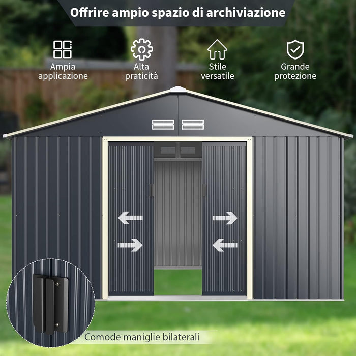 Casetta da Giardino Porta Attrezzi in Lamiera Acciaio Zincato, Capanno da Esterno con Tettoia, Sfilati e Ante Scorrevoli, Ideale per Cortile, Giardino e Fattoria (330 x 245 x 210 cm)