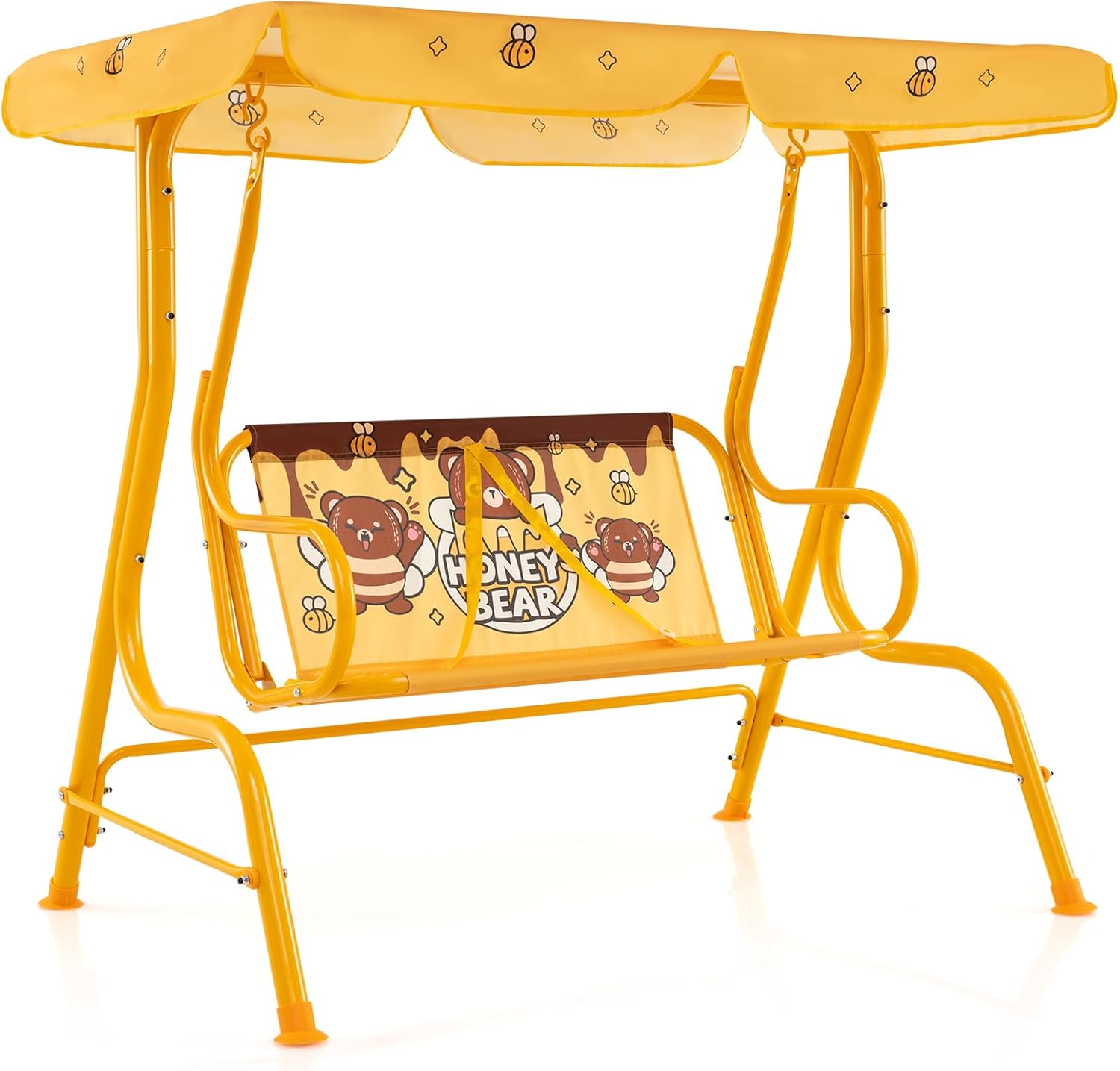 Altalena da Esterno per Bambini, Panchina a Dondolo a 2 Posti con Struttura in Metallo, Tetto Regolabile e Cinture di Sicurezza, per Bambini 3+Anni, Portata 80 kg (Giallo)