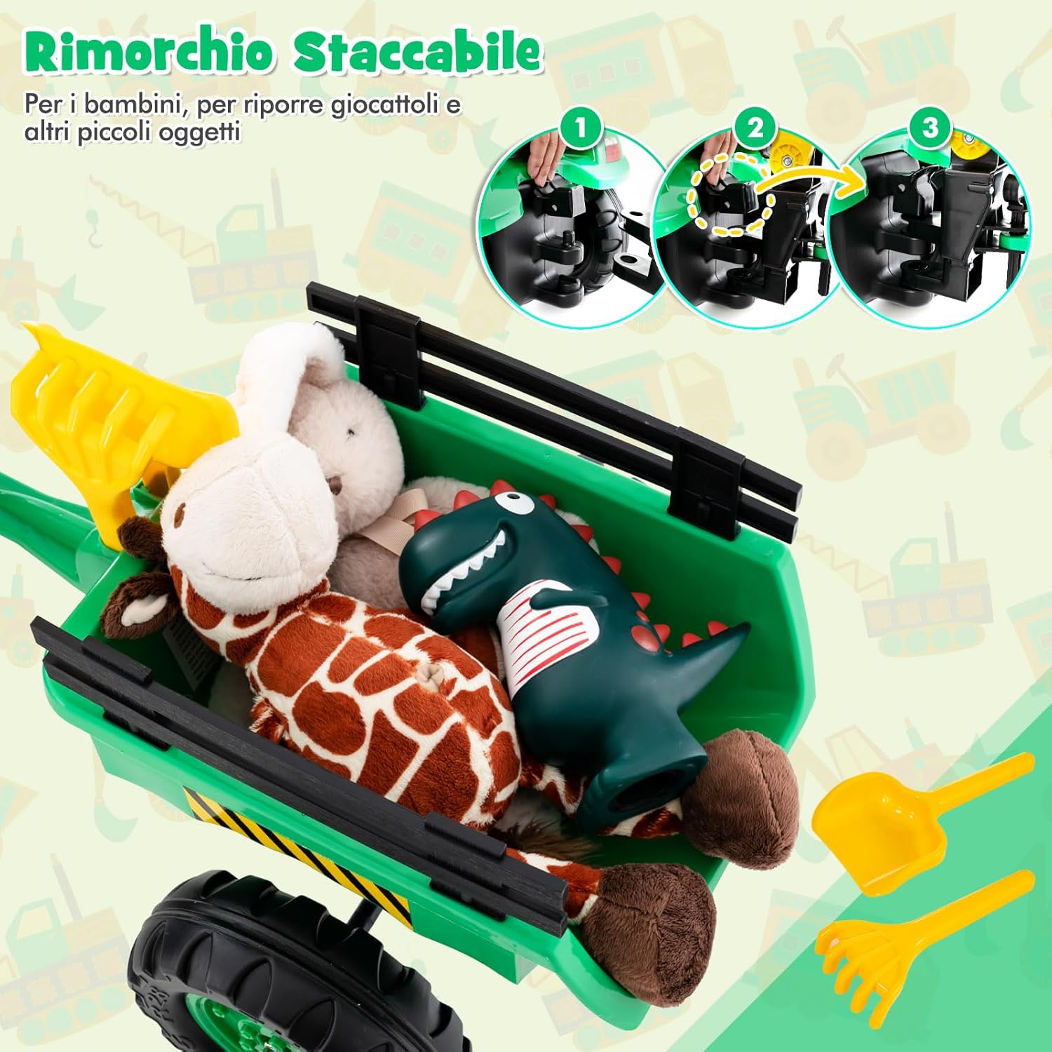 3 in 1 Escavatore per Bambini, Trattore con Rimorchio Staccabile Cavalcabile per Bambini, con 6 Ruote e 2 Benne, per Bambini 3-6 Anni (Verde)