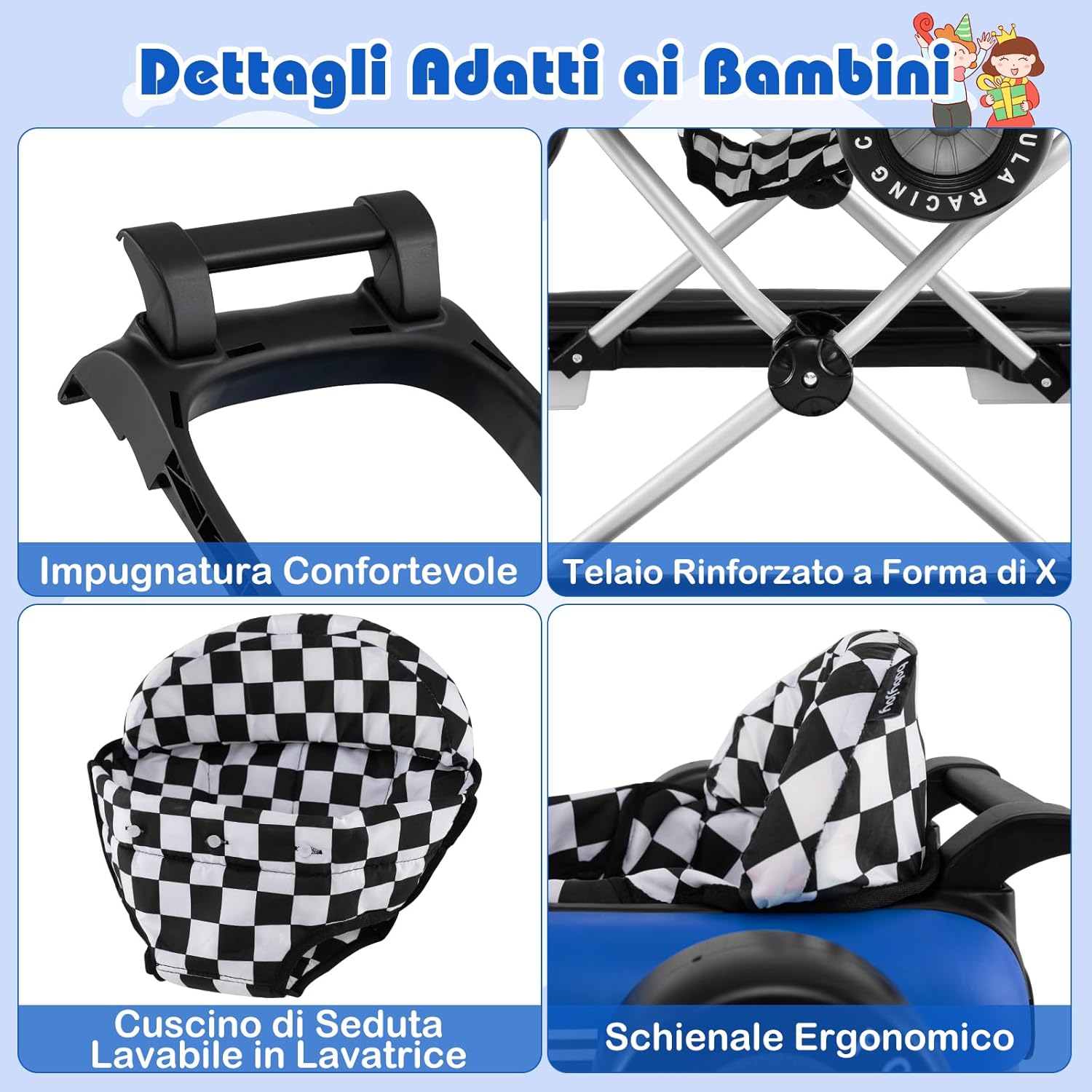4 in 1 Girello per Bambini, Altezza Regolabile a 3 Livelli, Passeggino per Bambini, con Volante Imbottito e Scatola Musicale, Portata 12 kg, per Bambini 6-18 Mesi (Blu)