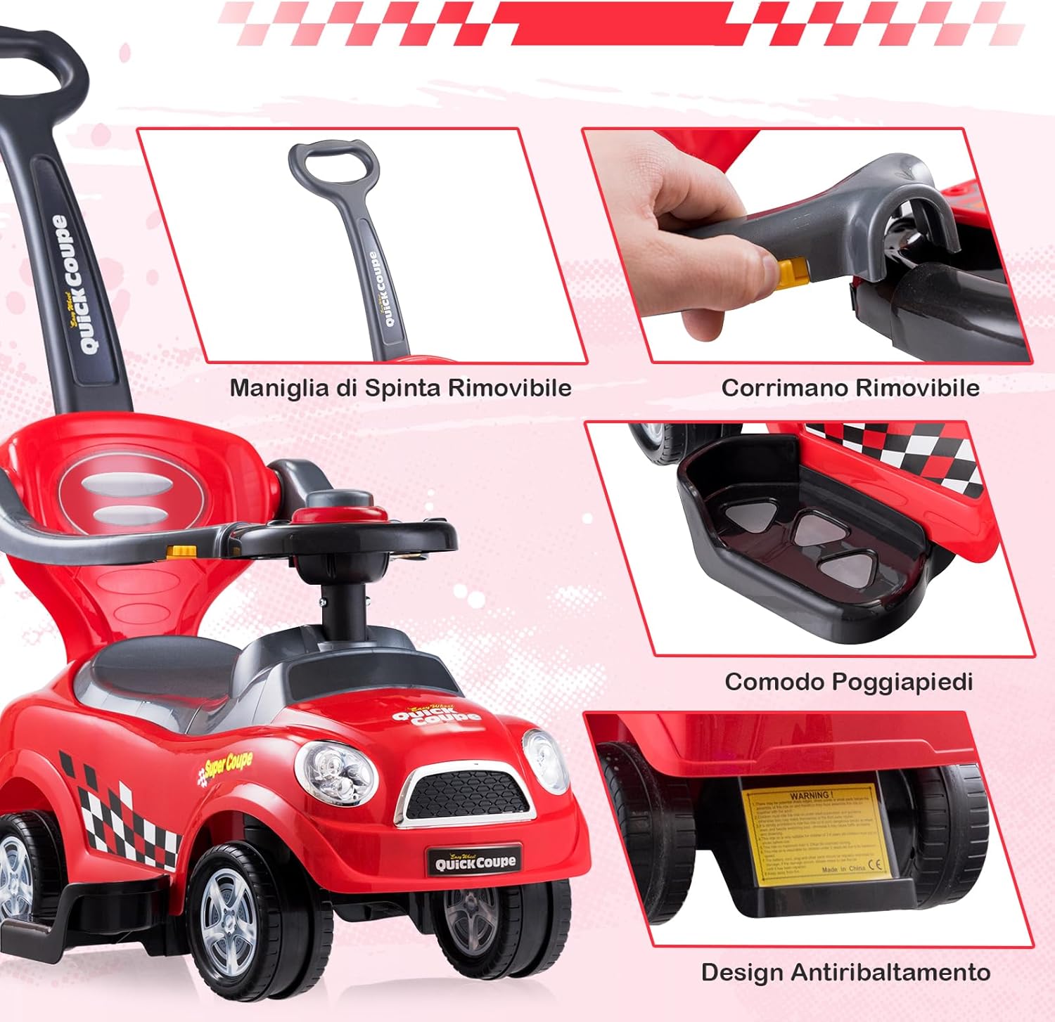 3 in 1 Macchina Cavalcabile a Spinta per Bambini, con Guardrail Staccabili e Maniglia Clacson, Spazio di Archiviazione Nascosto e Design Anti-ribaltamento, Ideale per Bambini 2-6 Anni (Rosso)