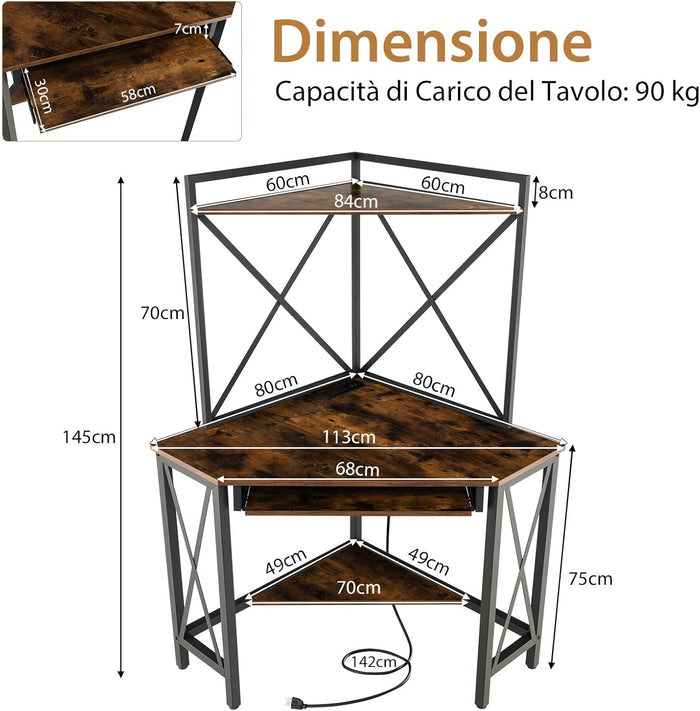Scrivania Angolare con Prese, Scrivania ad Angolo con Ripiani, Porta Tastiera Estraibile e Struttura in Metallo, Scrivania Salvaspazio per Ufficio e Casa(marrone e nero)