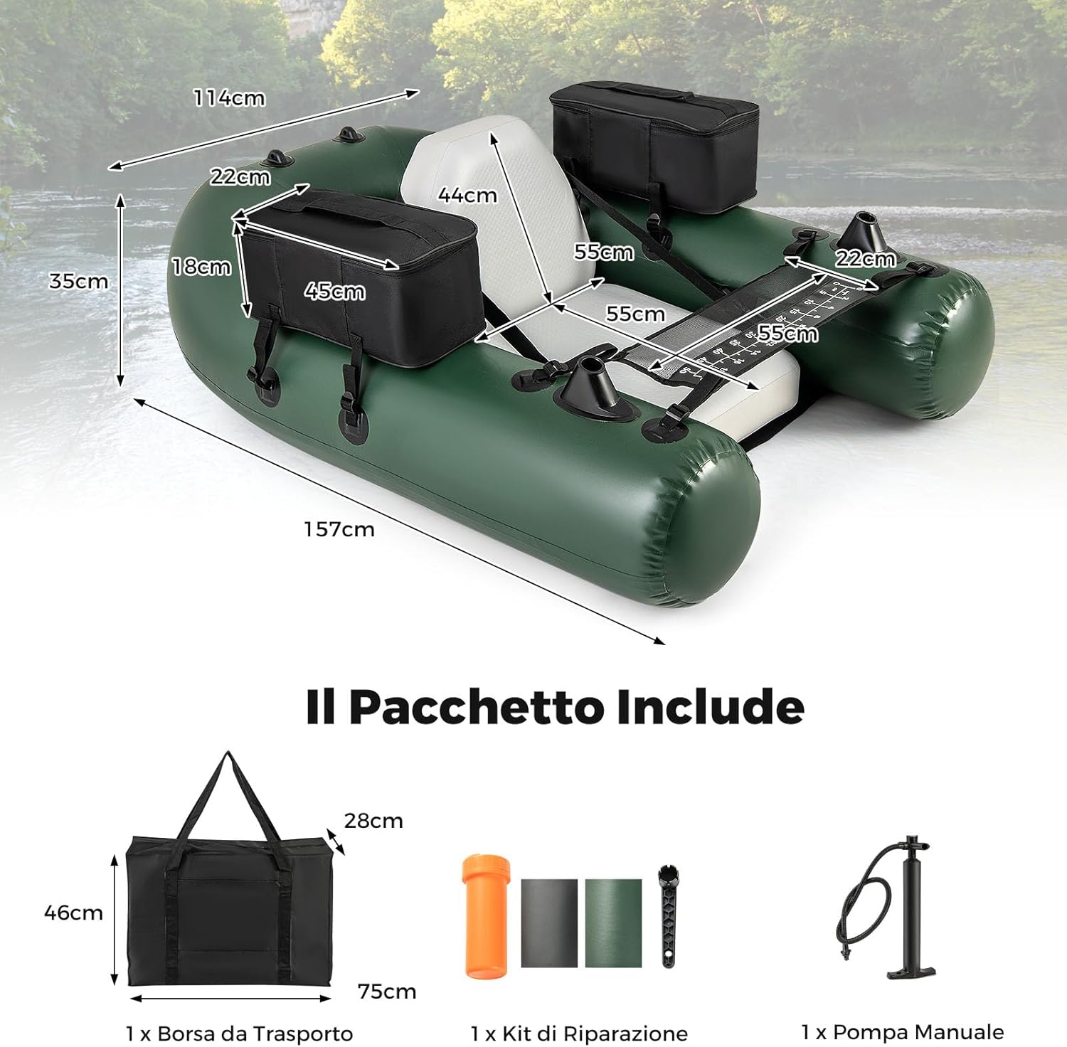 Gommone Gonfiabile da Pesca, Barca da Pesca Portatile con Pompa, Borsa da Trasporto e Kit di Riparazione, Schienale Regolabile, capacità di Carico 100kg