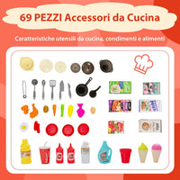 Cucina Giocattolo per Bambini 69 Pezzi, Cucinetta per Bambini 3 Anni+ con Luci Suoni Vapore e Acqua in Ebollizione, 3 Anni+, 64,5 x 24 x 83 cm (Arancio)