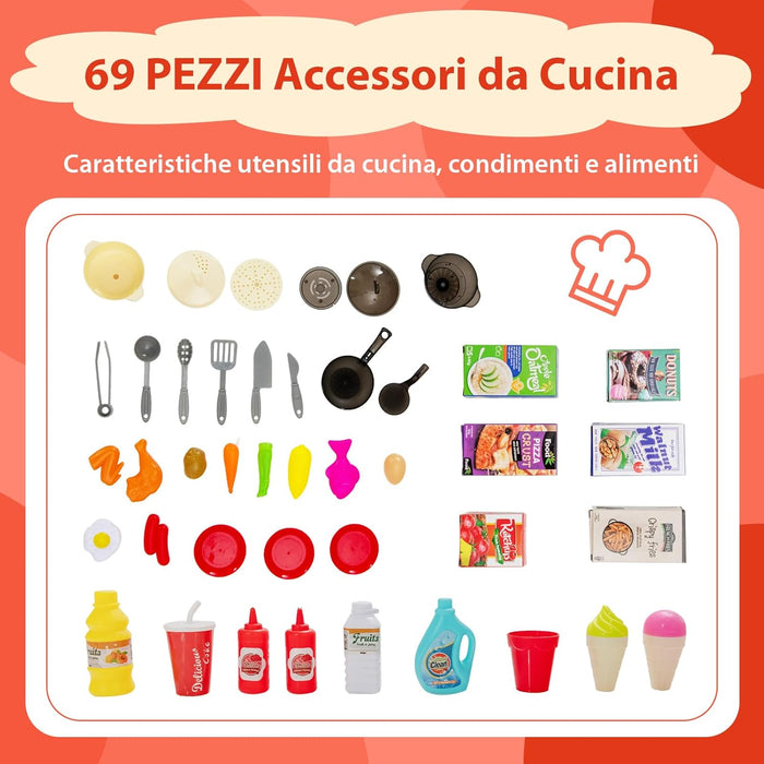 Cucina Giocattolo per Bambini 69 Pezzi, Cucinetta per Bambini 3 Anni+ con Luci Suoni Vapore e Acqua in Ebollizione, 3 Anni+, 64,5 x 24 x 83 cm (Arancio)