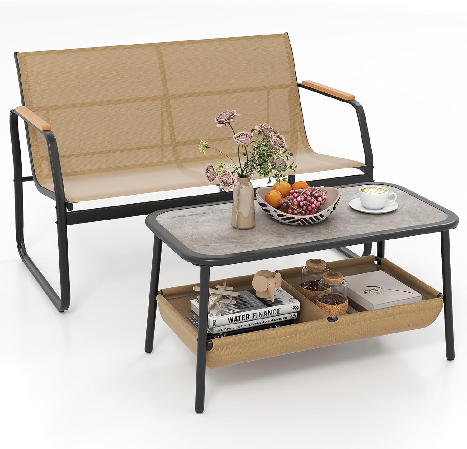 Set Tavolo e Panca da Giardino, Tavolino da Caffè con 2 Scomparti di Stoccaggio, Set Bistro da Esterno in Metallo, per Balcone Veranda, Pancha Portata 300 kg, Tavolo Portata 80 kg