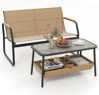 Set Tavolo e Panca da Giardino, Tavolino da Caffè con 2 Scomparti di Stoccaggio, Set Bistro da Esterno in Metallo, per Balcone Veranda, Pancha Portata 300 kg, Tavolo Portata 80 kg