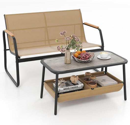 Set Tavolo e Panca da Giardino, Tavolino da Caffè con 2 Scomparti di Stoccaggio, Set Bistro da Esterno in Metallo, per Balcone Veranda, Pancha Portata 300 kg, Tavolo Portata 80 kg