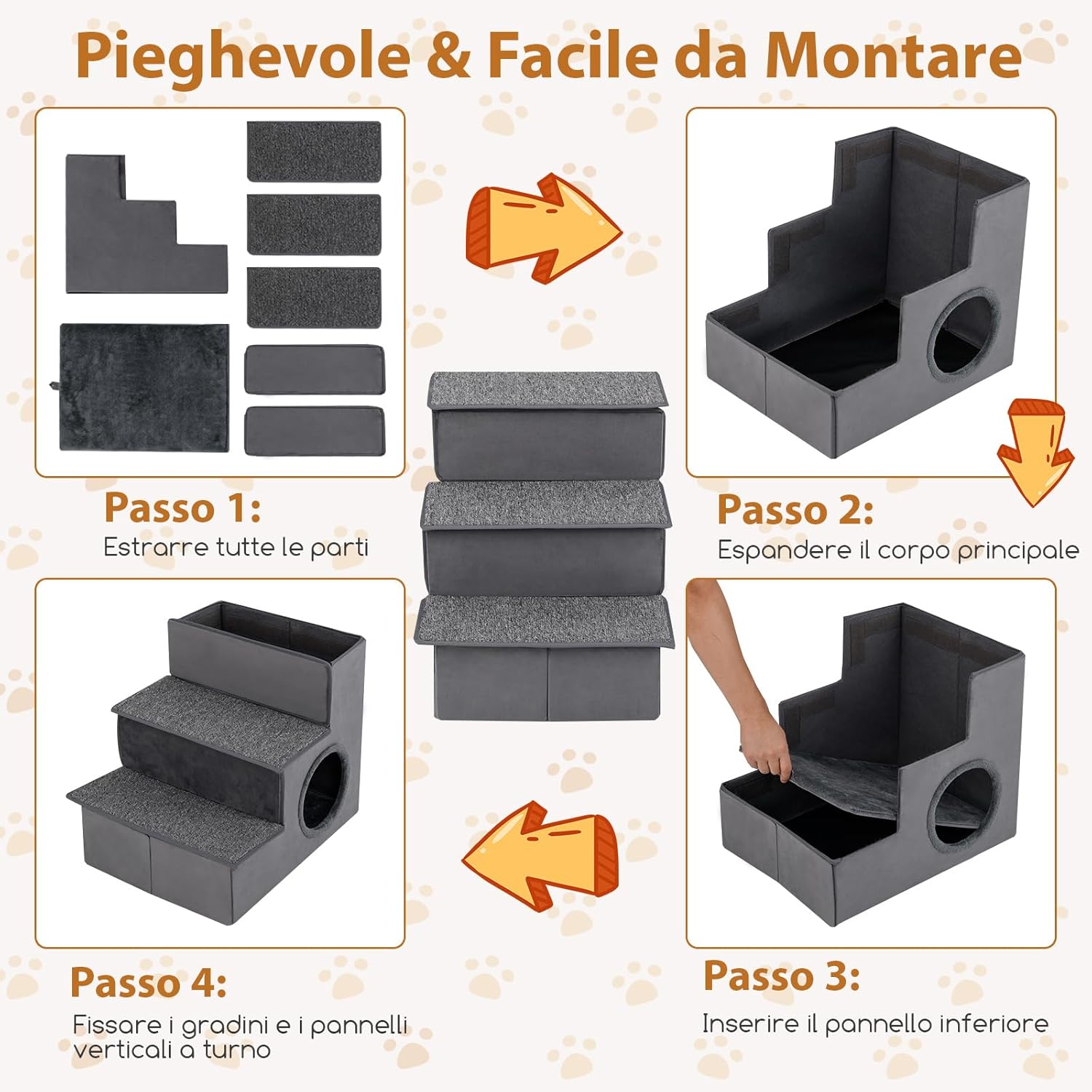 Scala per Cani con Cuccia, Rampe Pieghevole a 3 Gradini con Fondo Antiscivolo per Letti e Divani, Casa per Animali Domestici, Grigio, 42 x 21 x 44 cm