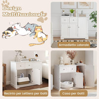 Lettiera Nascosto per Gatti, Mobile Laterale per Gatti con 2 Cassetti, 3 Porte e Dispositivi Anti-Ribaltamento, Armadio Moderno per Animali Domestici, Bianco