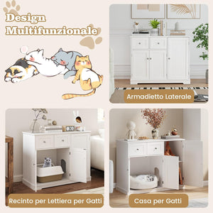 Lettiera Nascosto per Gatti, Mobile Laterale per Gatti con 2 Cassetti, 3 Porte e Dispositivi Anti-Ribaltamento, Armadio Moderno per Animali Domestici, Bianco