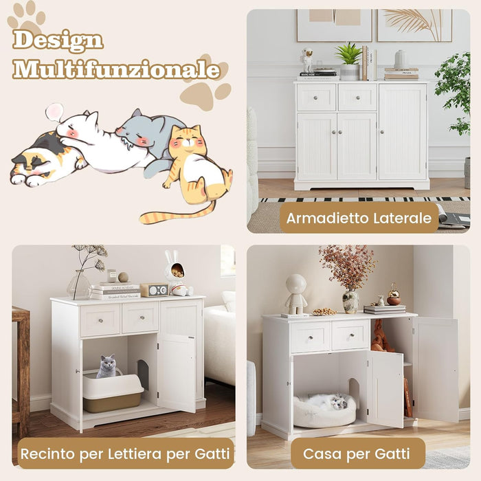 Lettiera Nascosto per Gatti, Mobile Laterale per Gatti con 2 Cassetti, 3 Porte e Dispositivi Anti-Ribaltamento, Armadio Moderno per Animali Domestici, Bianco