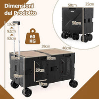 Carrello da Spiaggia Pieghevole 150 L, Carrello con Ruote Portatutto con Armadio a 2 Livelli e Manico Telescopico in Metallo, Carretto Giardino Portatile per Campeggio, Portata 120 kg (Nero)