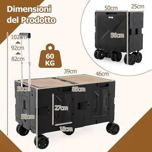 Carrello da Spiaggia Pieghevole 150 L, Carrello con Ruote Portatutto con Armadio a 2 Livelli e Manico Telescopico in Metallo, Carretto Giardino Portatile per Campeggio, Portata 120 kg (Nero)
