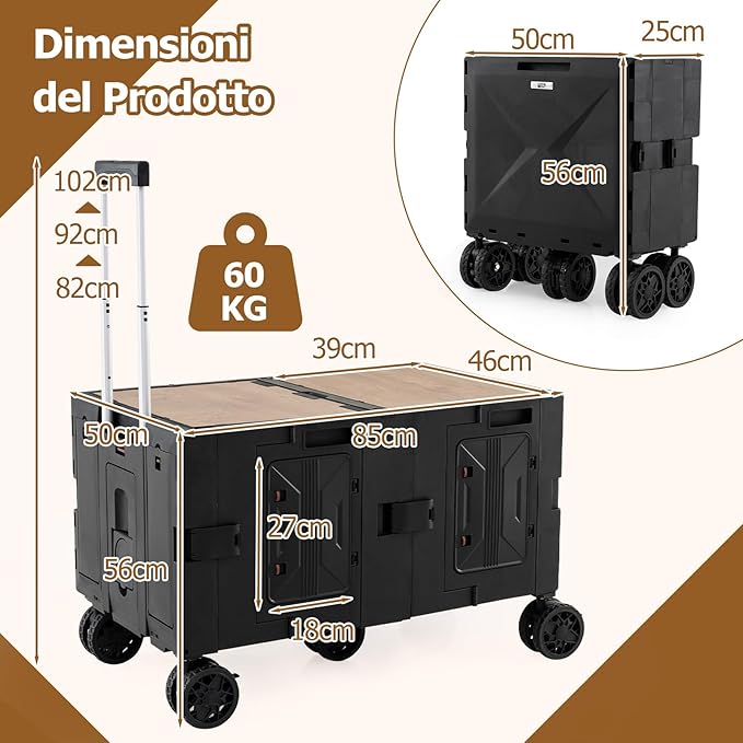 Carrello da Spiaggia Pieghevole 150 L, Carrello con Ruote Portatutto con Armadio a 2 Livelli e Manico Telescopico in Metallo, Carretto Giardino Portatile per Campeggio, Portata 120 kg (Nero)