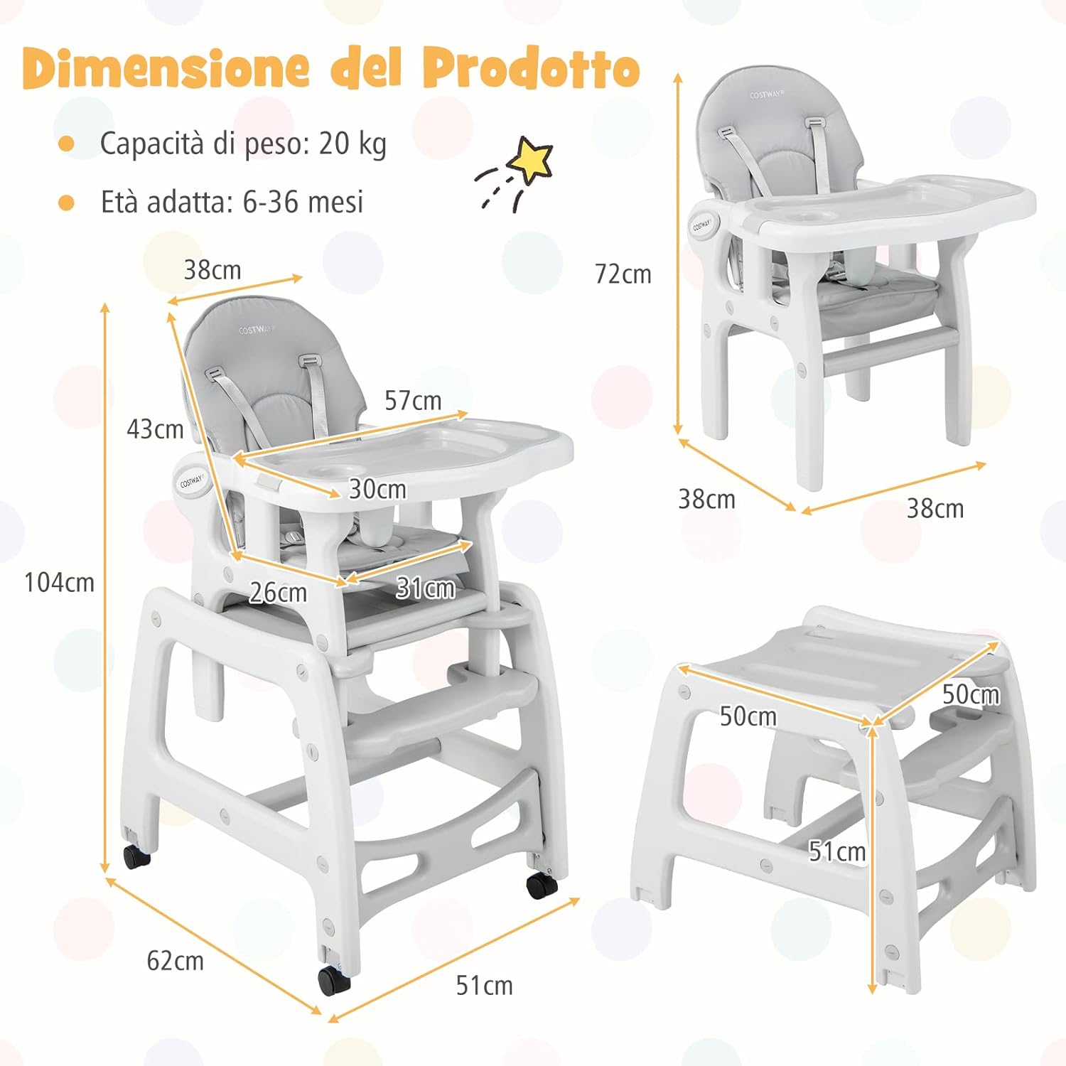 Seggiolone Pappa per Bambini 3 in 1, Seggiolone per Neonati con Vassoio Rimovibile, Cuscino, Schienale Regolabile e Cintura di Sicurezza a 5 Punti, 6-36 Mesi, Capacità 20 kg (Grigio)