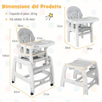 Seggiolone Pappa per Bambini 3 in 1, Seggiolone per Neonati con Vassoio Rimovibile, Cuscino, Schienale Regolabile e Cintura di Sicurezza a 5 Punti, 6-36 Mesi, Capacità 20 kg (Grigio)