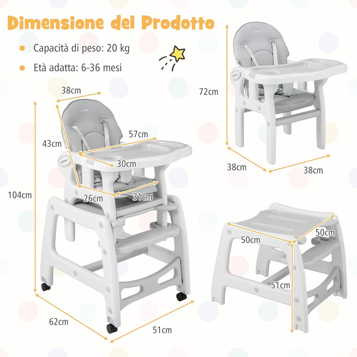 Seggiolone Pappa per Bambini 3 in 1, Seggiolone per Neonati con Vassoio Rimovibile, Cuscino, Schienale Regolabile e Cintura di Sicurezza a 5 Punti, 6-36 Mesi, Capacità 20 kg (Grigio)