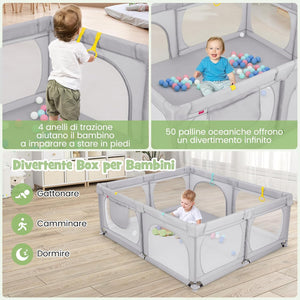 Recinto per Bambini, Box per Bambini con Rete Traspirante, Centro Attività per Bambini con 50 Palline, Box Giochi per Bambini 0-3 Anni (Grigio, 189 x 158 cm)